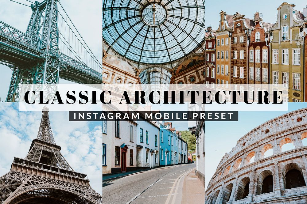 Vintage instagram filter mobile preset, blogger & influencer classic architecture easy overlay