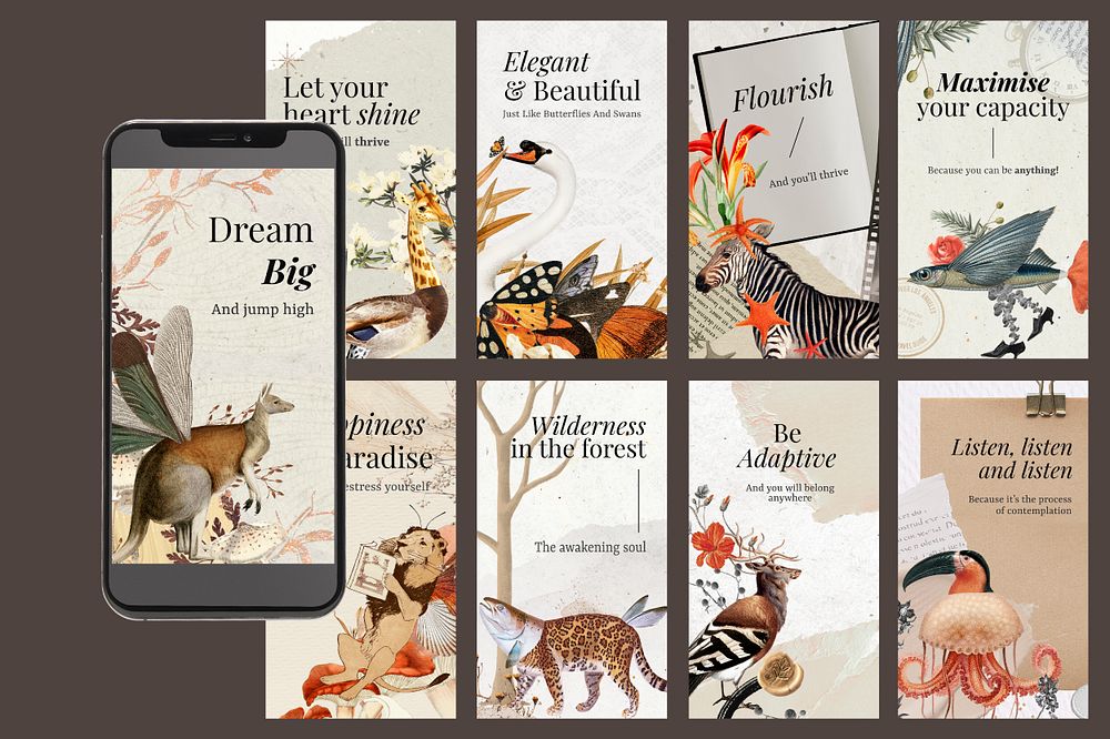 Retro collage instagram story template, editable vintage surreal cute animals scrapbook artwork with quote for wallpaper and…
