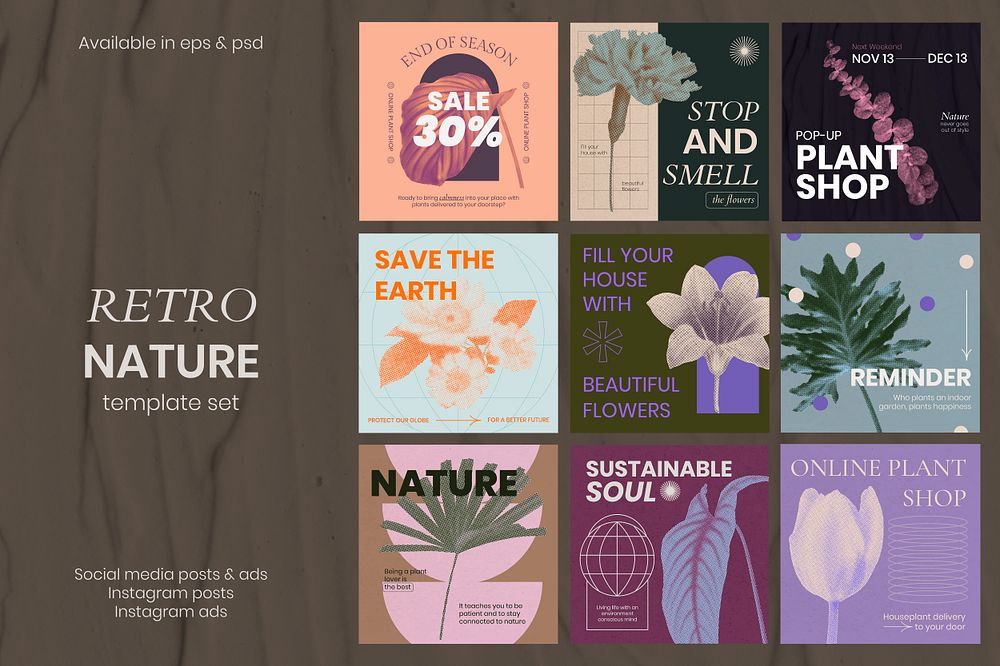 Retro nature Instagram template set, botanical & floral designs in halftone aesthetic psd 