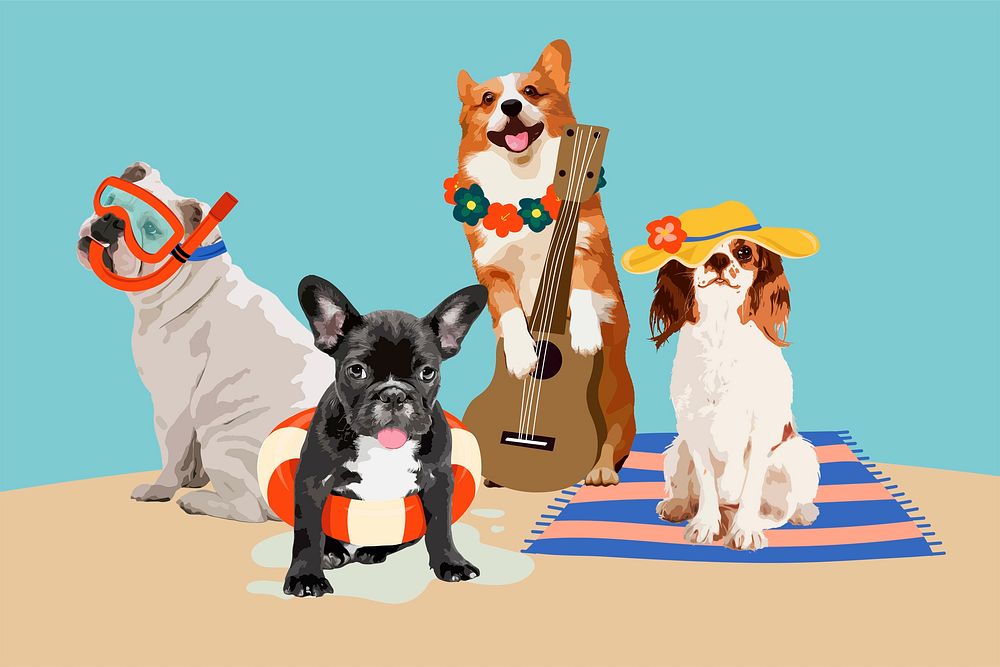 Dog beach party clipart, aesthetic illustration
