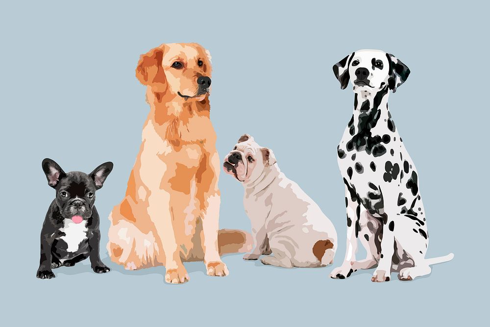 Cute dogs, variety of breeds, aesthetic vector illustration
