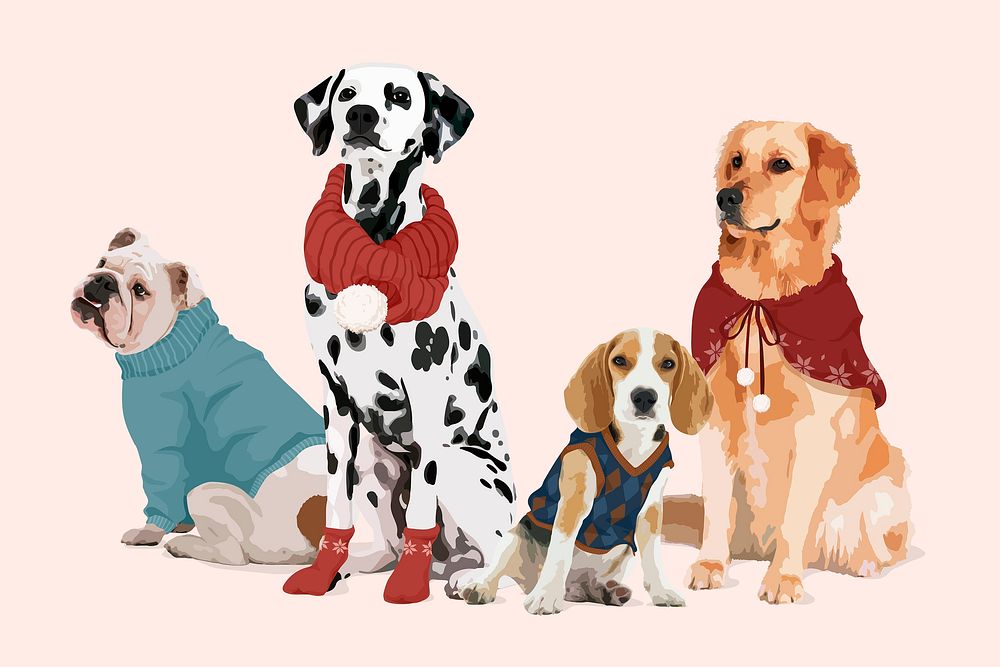 Christmas dogs, aesthetic vector illustration