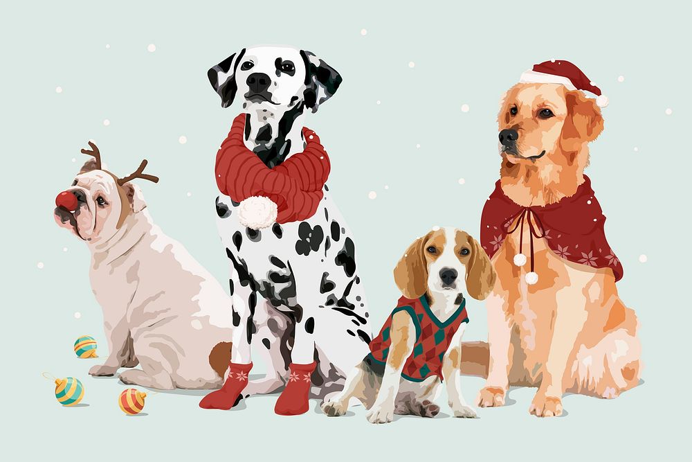 Christmas dogs collage element, aesthetic illustration psd
