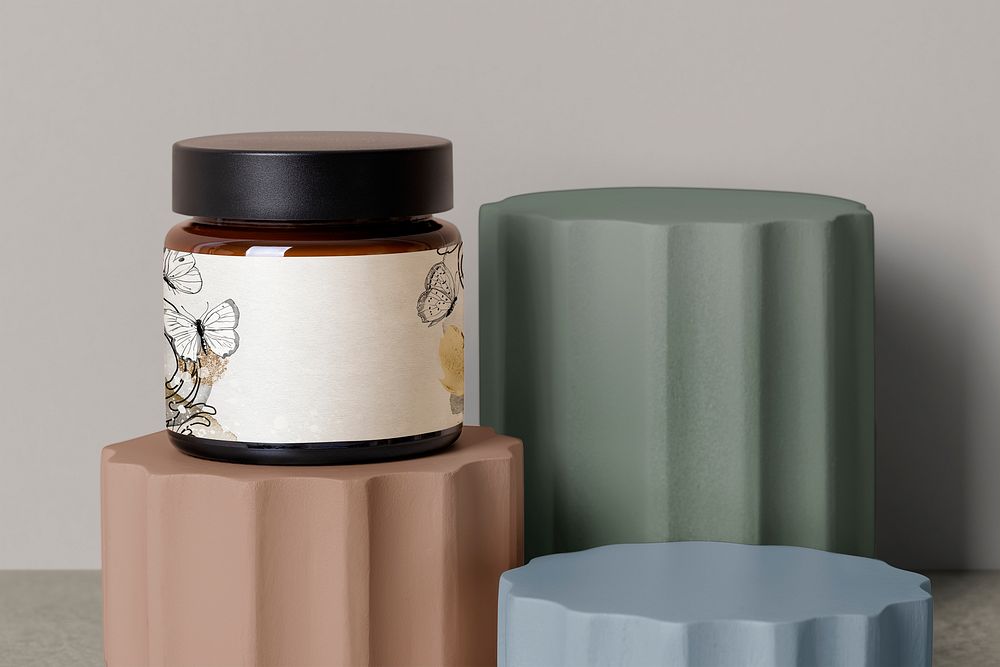 Cosmetic jar with minimal aesthetic label, copy space