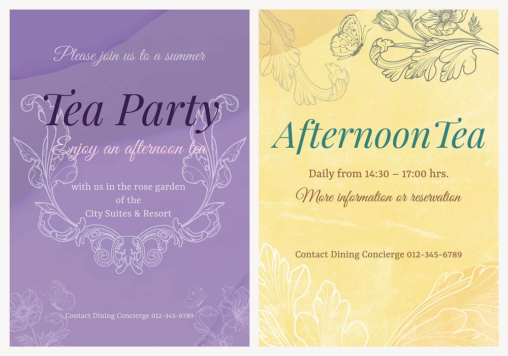 Tea party invitation poster template, acanthus design vector set