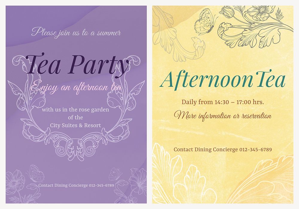 Tea party invitation poster template, filigree design psd set