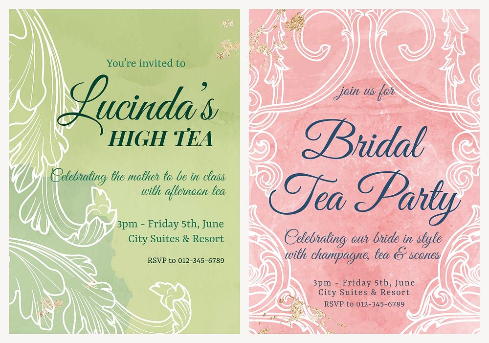 Tea party invitation poster template, acanthus design vector set