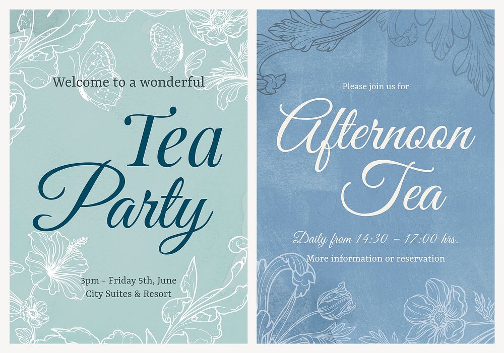 Tea party invitation poster template, filigree design psd set