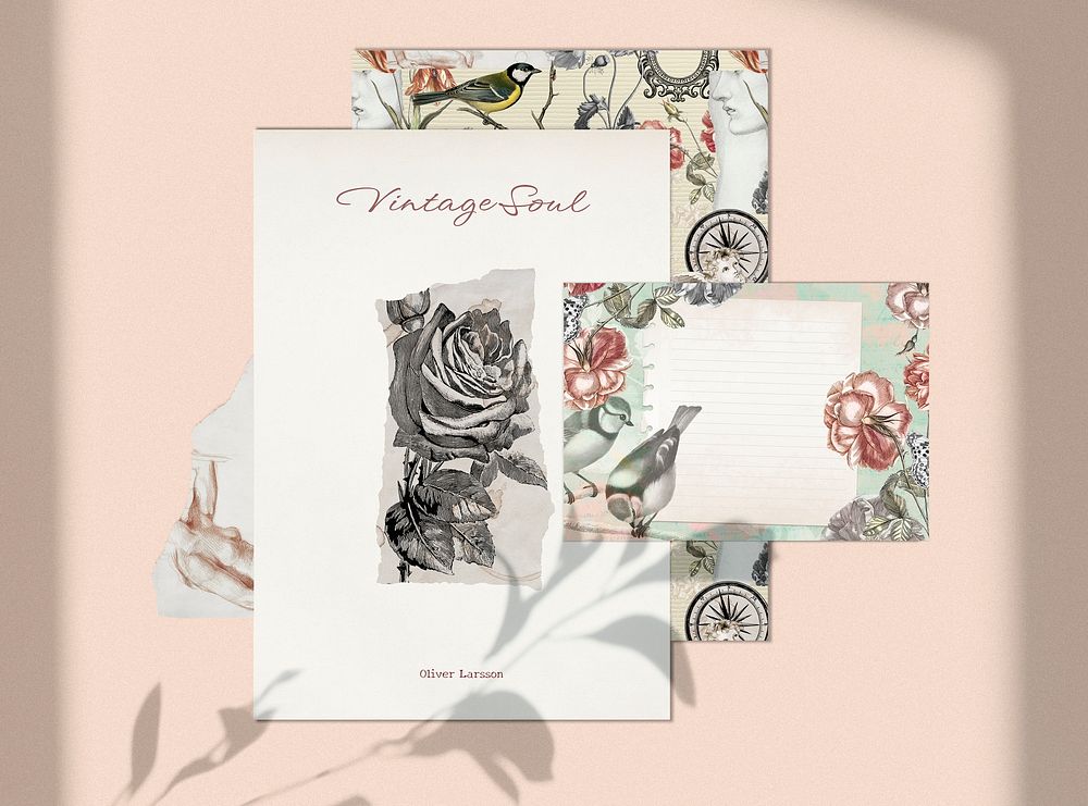 Vintage aesthetic flower mood board with floral invitation and note