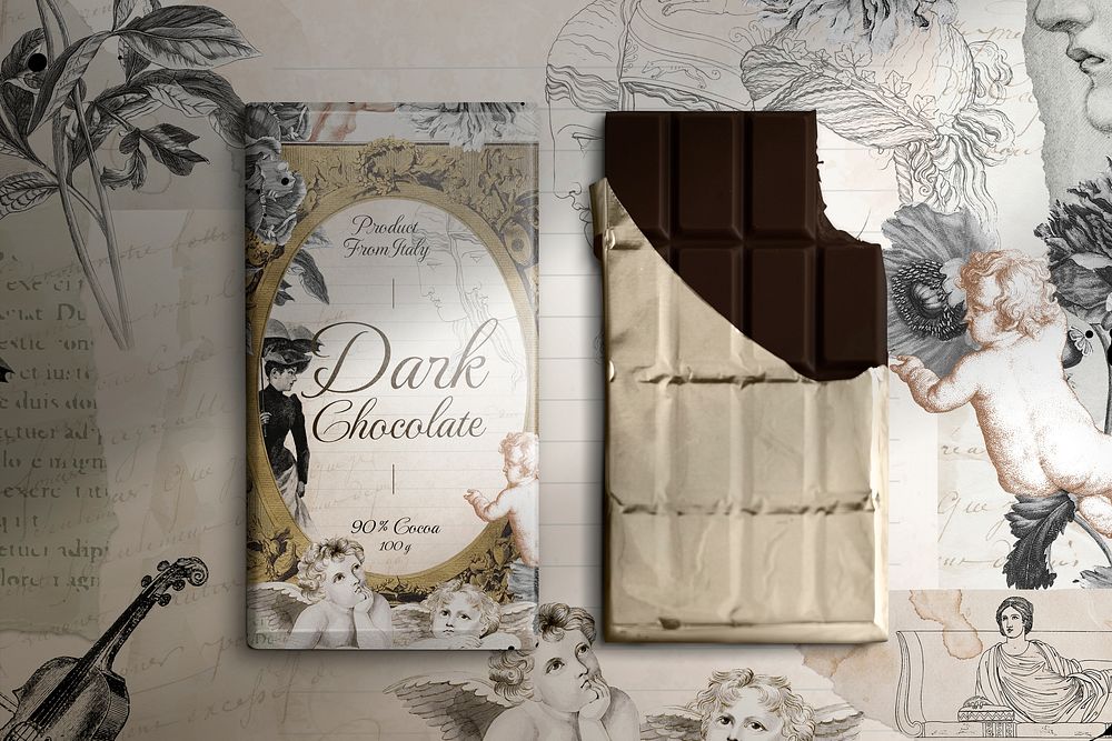 Chocolate bar with aesthetic floral and cupid illustration