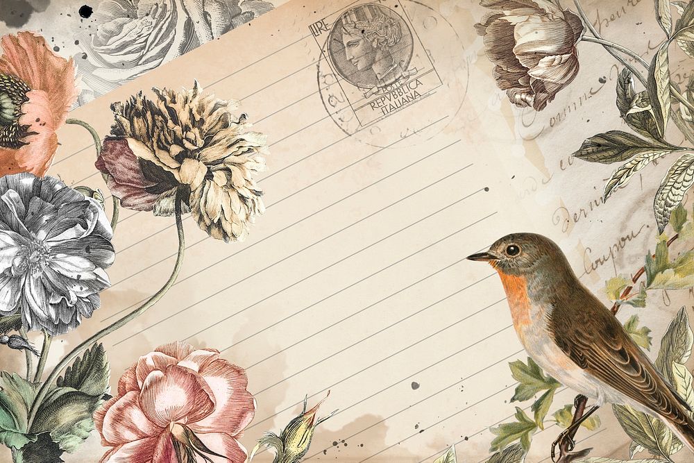 Aesthetic vintage collage digital journal note with flower and bird decorative design background