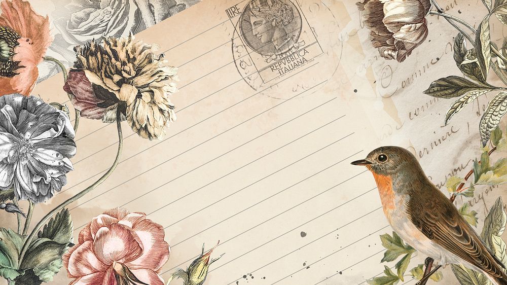 Aesthetic vintage collage digital journal note with flower and bird decorative design background