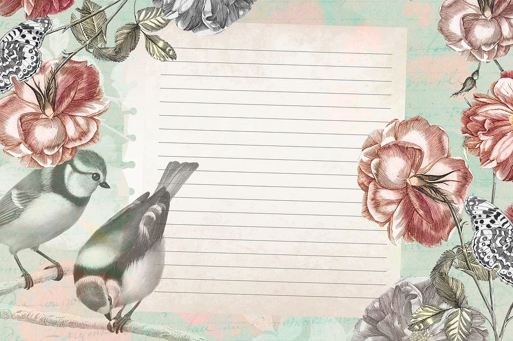Vintage frame digital journal note with copy space in green aesthetic flower and bird editable background psd