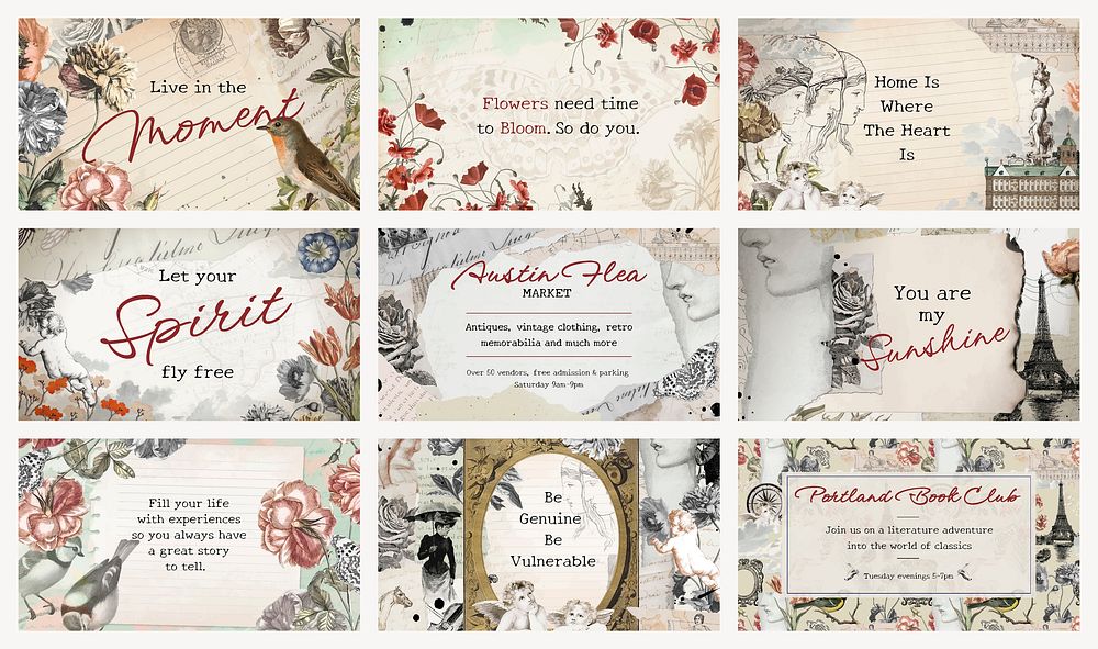 Aesthetic banner template, editable chic vintage collage journal note with quote for social media vector set