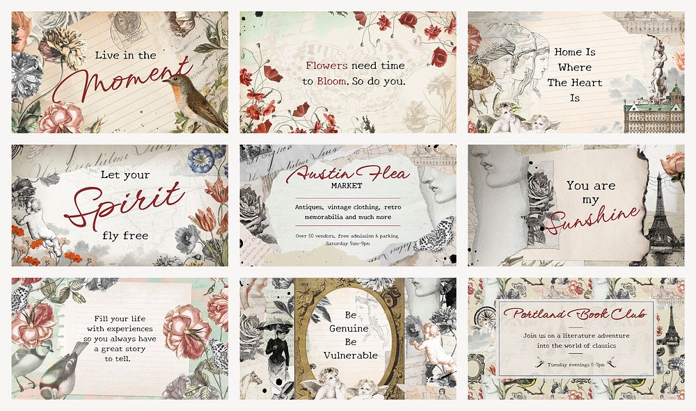Aesthetic banner template, editable chic vintage collage journal note with quote for social media psd set