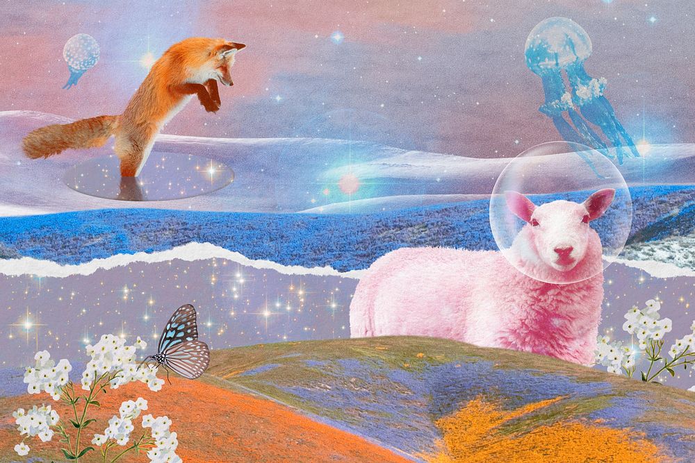 Animal surreal escapism collage background, aesthetic design