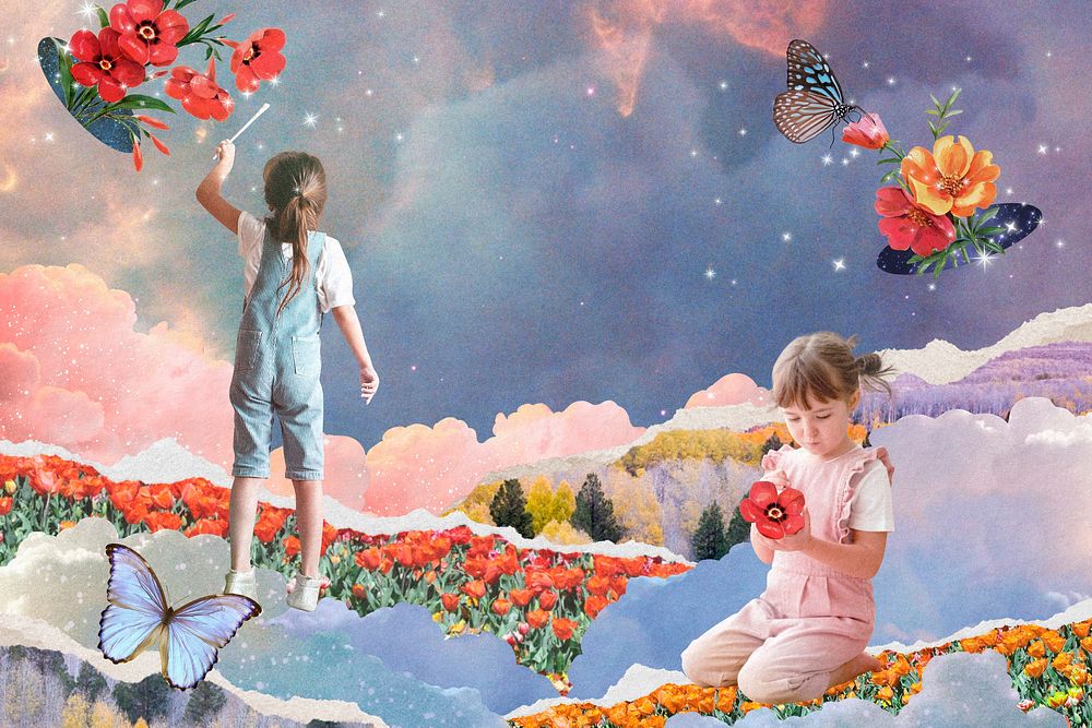 Surreal sky collage background, children design psd