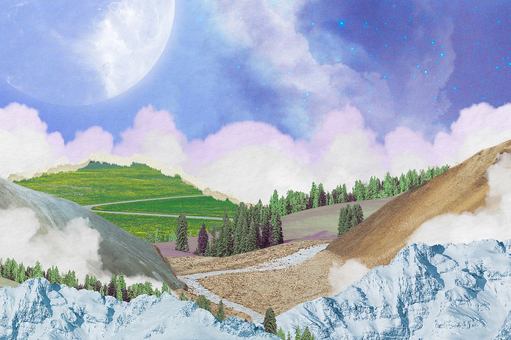 Surreal landscape collage background, aesthetic sky and cloud design