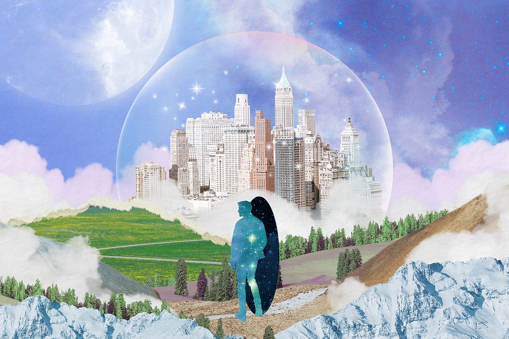 Utopia collage art background, aesthetic futuristic design