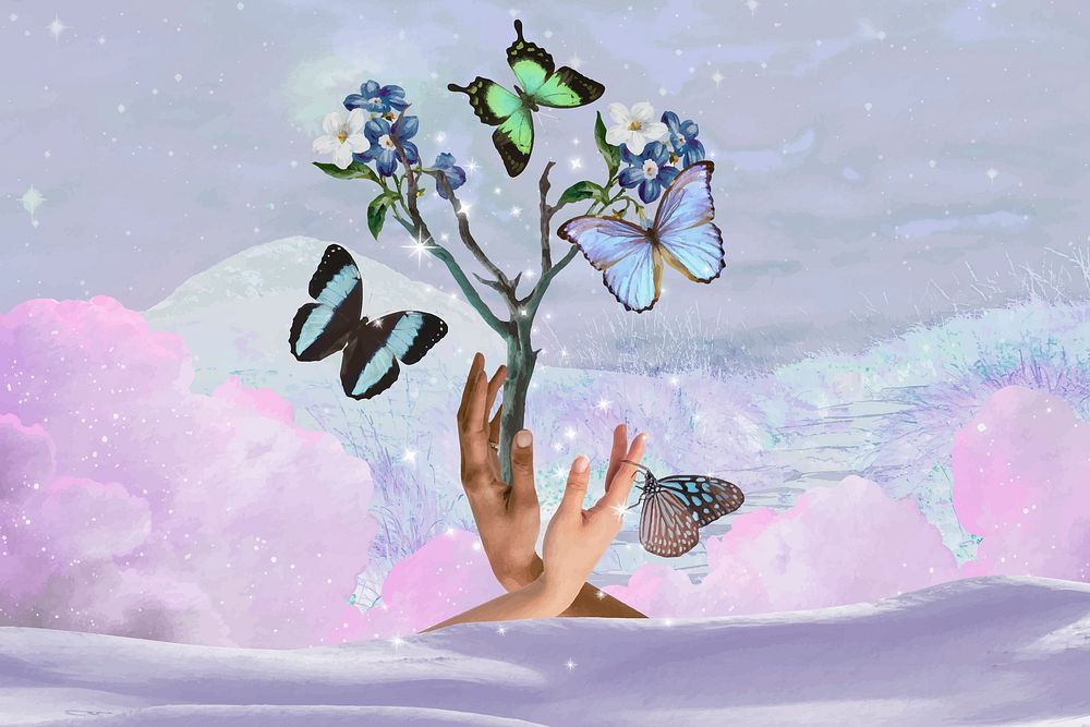 Aesthetic freedom butterflies background, hand design vector