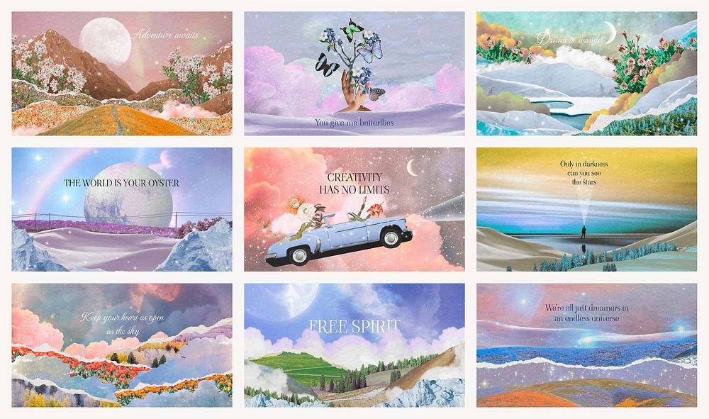 Surreal collage art banner templates set, aesthetic design