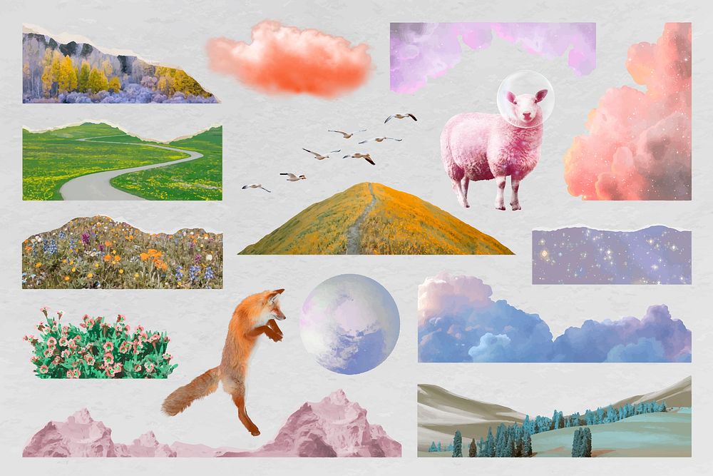 Aesthetic surreal landscape collage element vector set