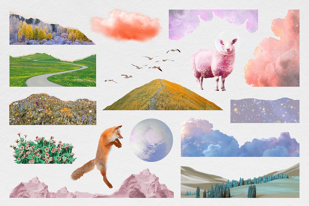 Surreal nature & animal collage element sticker set psd