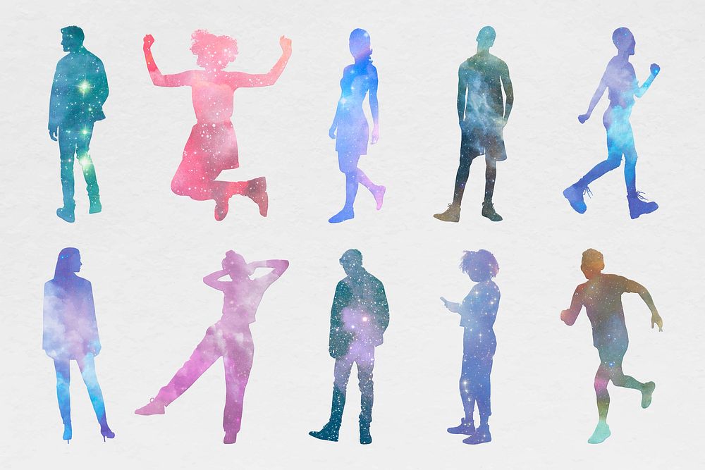 People holographic silhouette isolated, galaxy design set vector