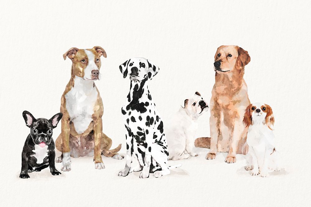 Cute watercolor dog illustration set with different breeds, cute pet painting 
