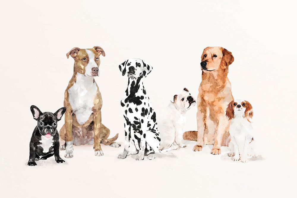 Cute watercolor dog illustration vector set with different breeds, adorable pet painting 