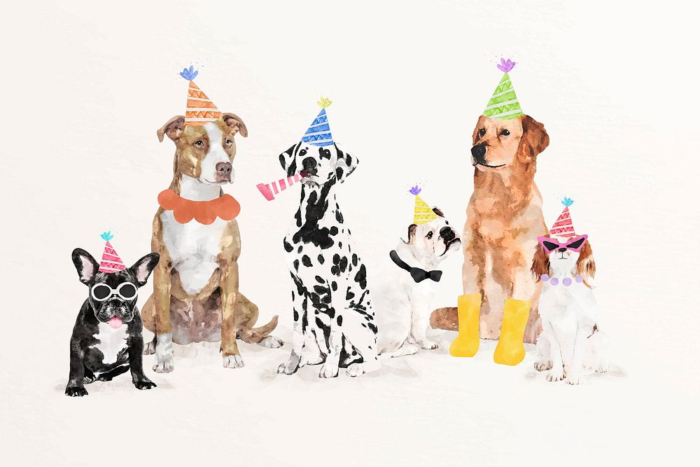Watercolor dog birthday party illustration vector set with different breeds