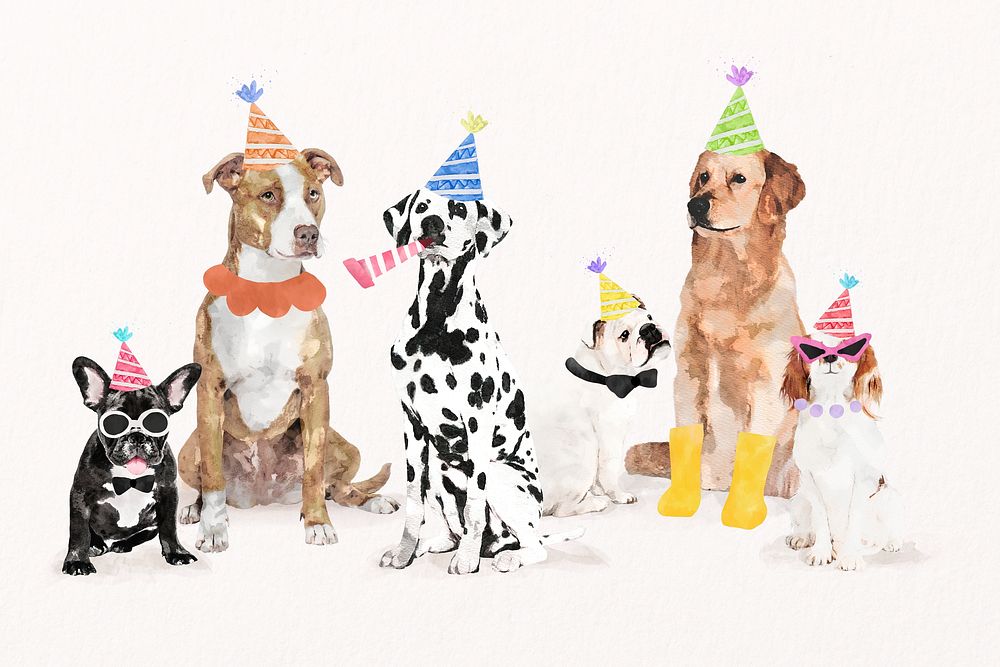 Watercolor dog birthday party illustration psd set with different breeds