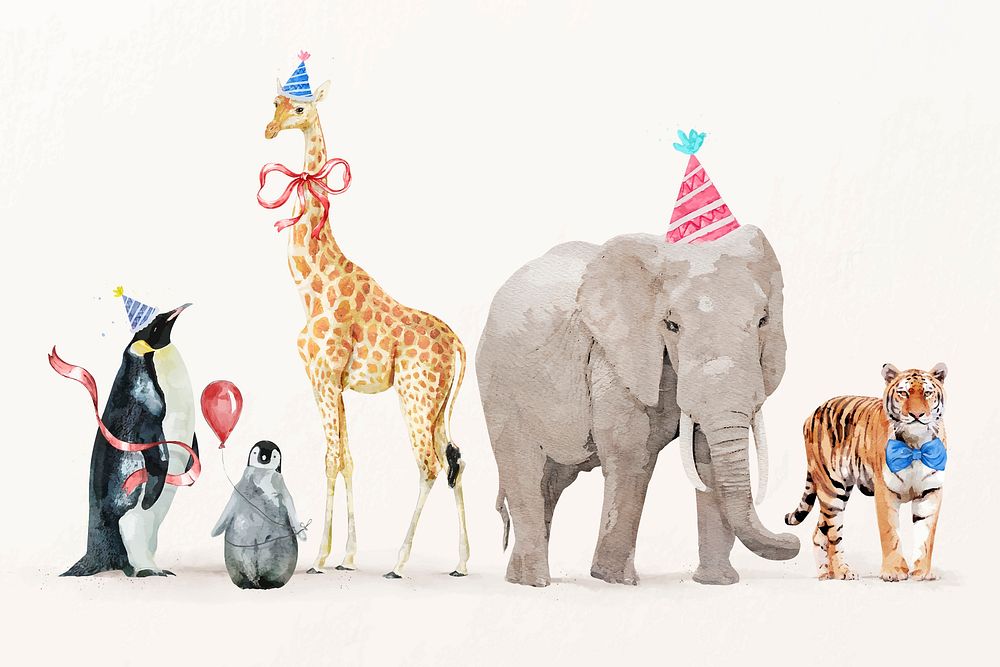 Wildlife animal illustration vector set with birthday party hats, animal painting