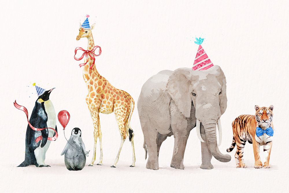 Wildlife animal illustration psd set with birthday party hats