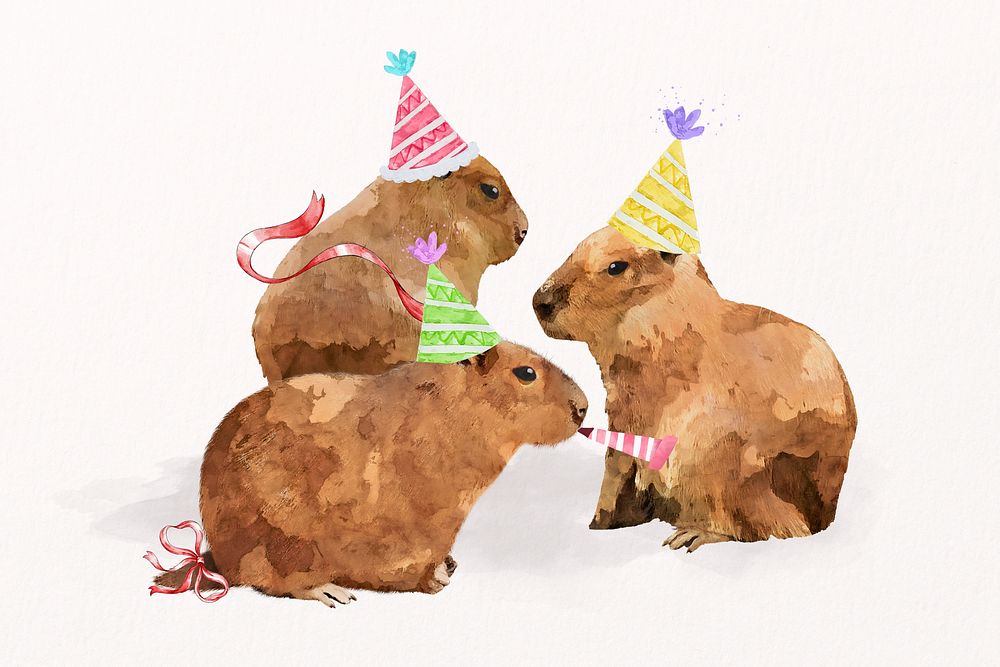 Capybaras in party hats watercolor illustration, animal design psd