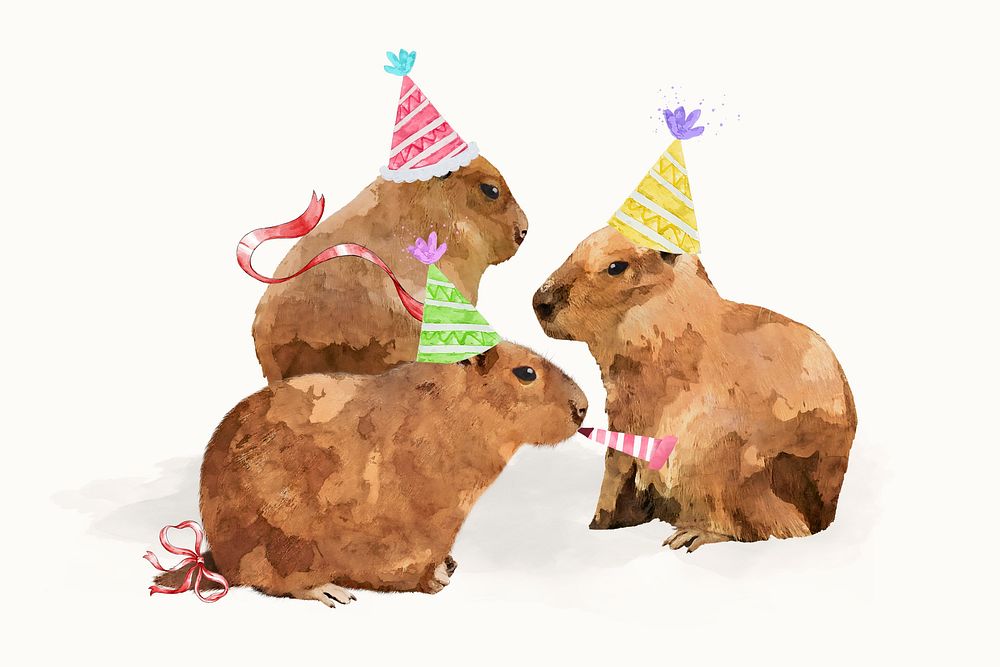 Capybaras in party hats watercolor illustration, animal design vector