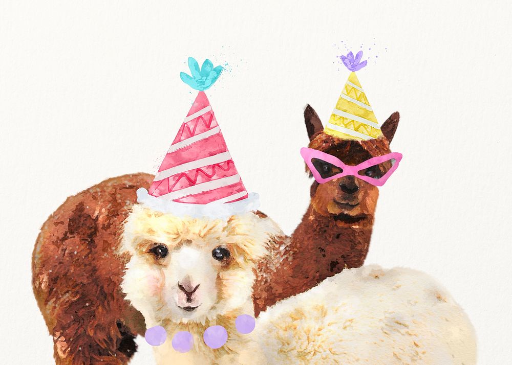 Birthday celebration watercolor illustration, cute alpacas design