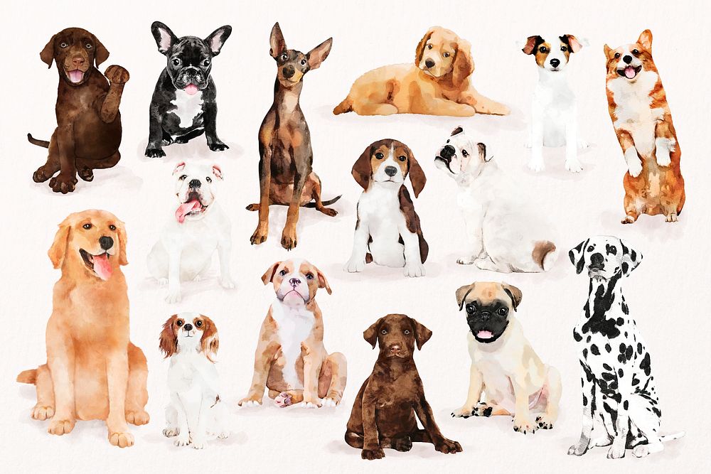 Dog watercolor illustrations, pet design set psd