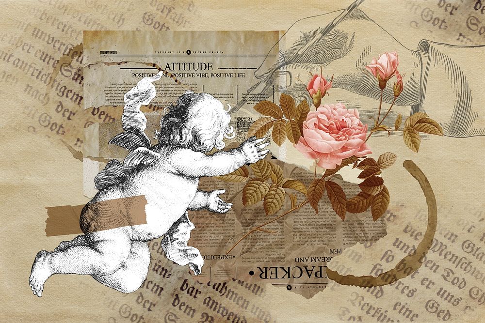 Vintage aesthetic ephemera collage, mixed media background featuring cherub and flower 