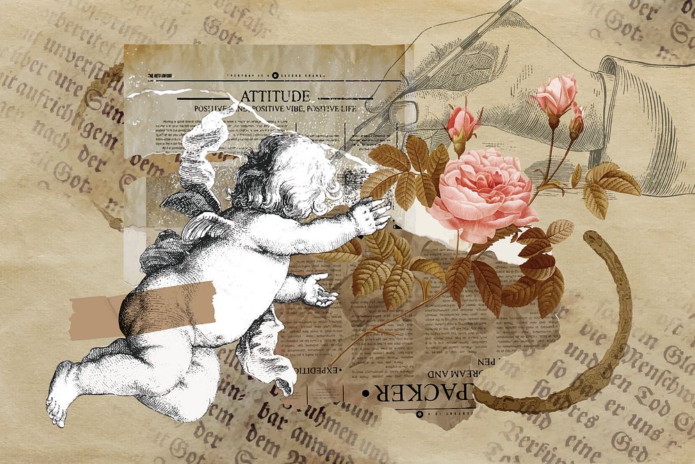 Vintage aesthetic ephemera collage, mixed media background featuring cherub and flower vector