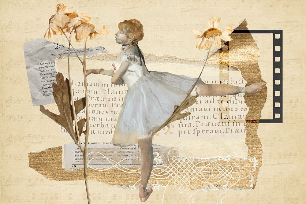 Vintage aesthetic ephemera collage, mixed media background featuring ballerina and flower vector