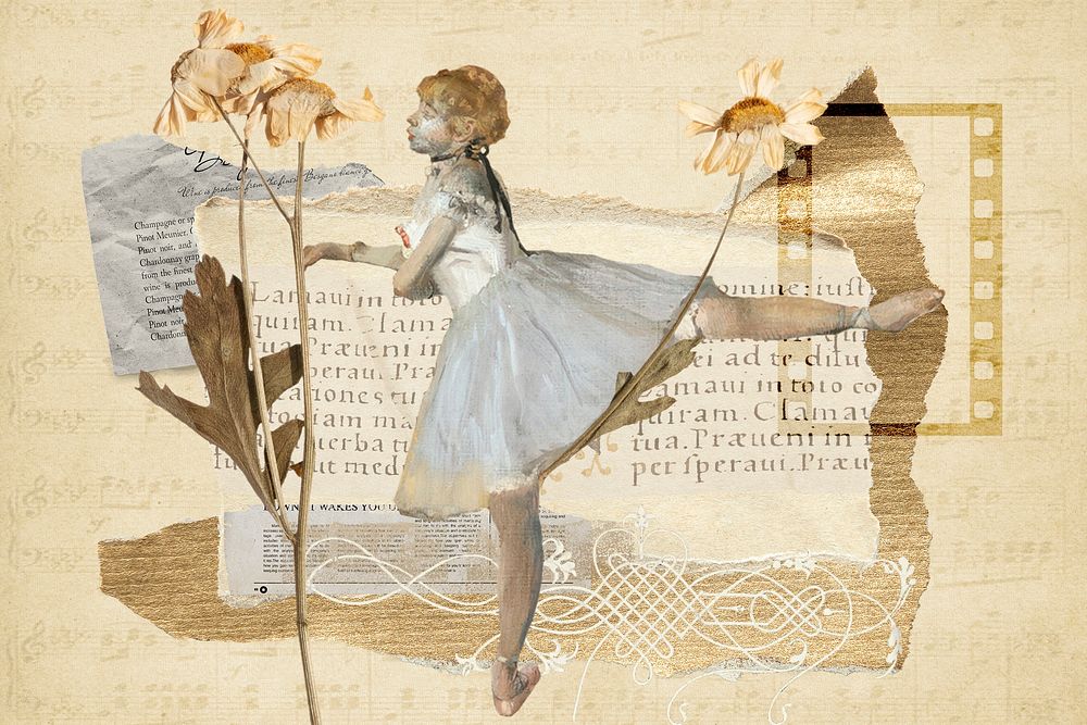 Vintage aesthetic ephemera collage, mixed media background featuring ballerina and flower psd