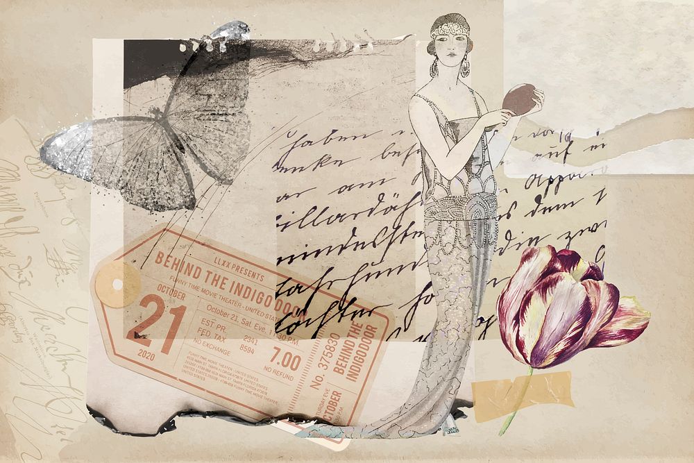 Vintage aesthetic ephemera collage, mixed media background featuring flapper and butterfly vector