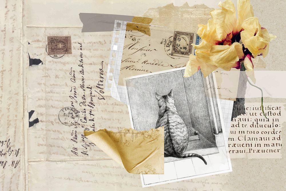 Vintage aesthetic ephemera collage, mixed media background featuring cat and flower vector