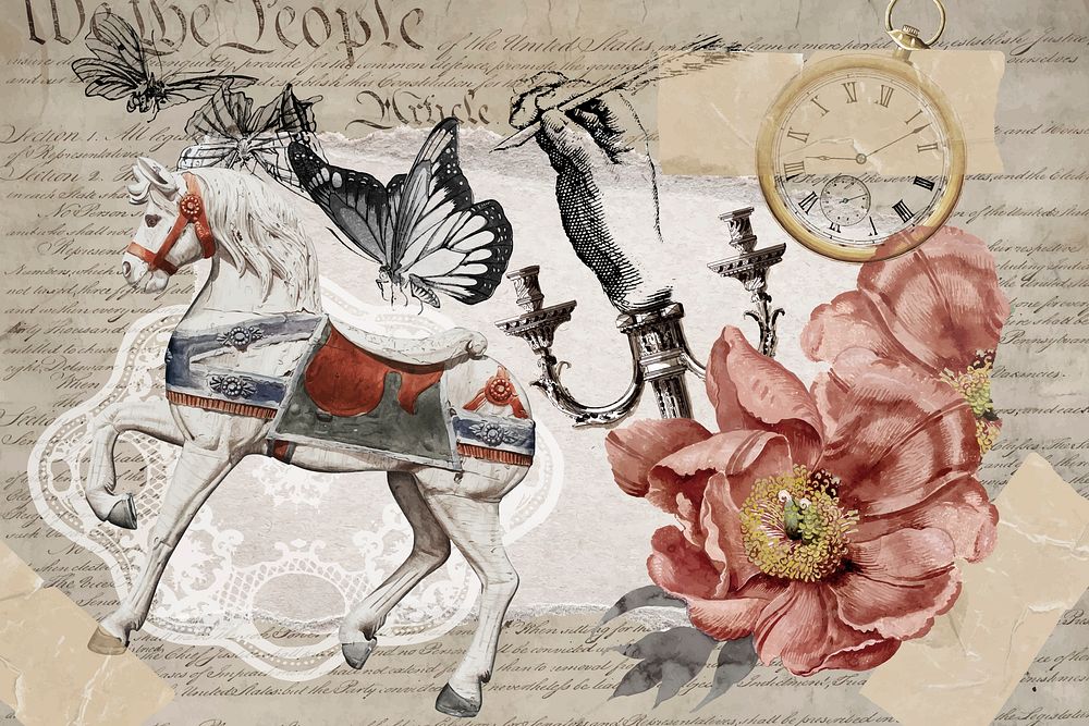 Vintage aesthetic ephemera collage, mixed media background featuring horse and flower vector