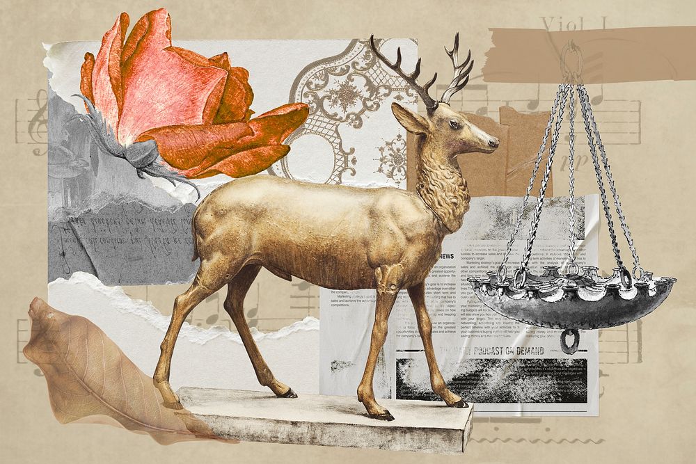 Vintage aesthetic ephemera collage, mixed media background featuring deer and rose psd