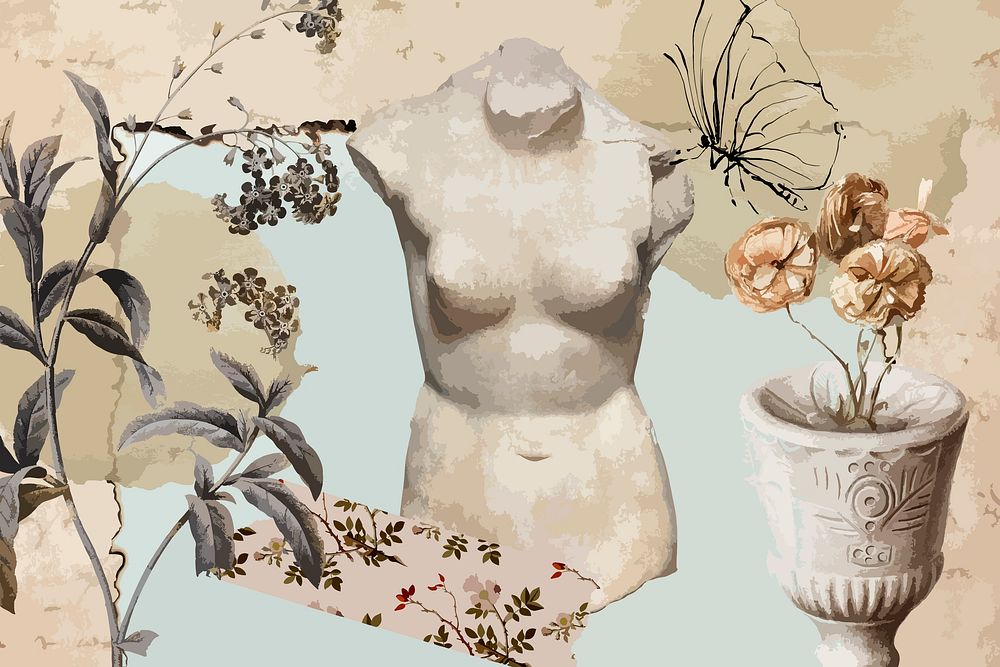 Vintage aesthetic ephemera collage, mixed media background featuring Greek statue and flower vector