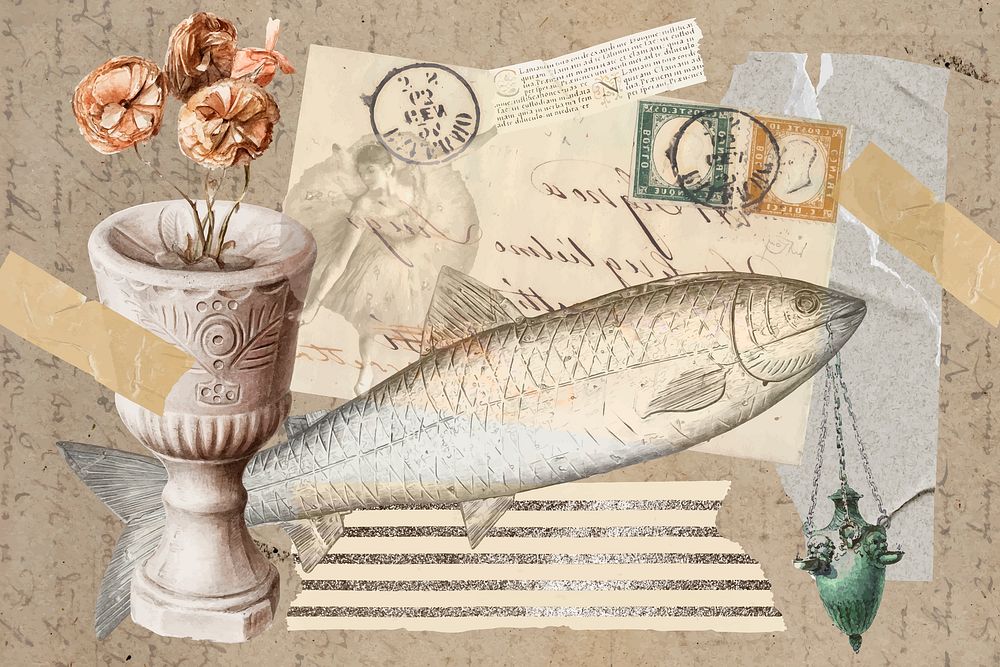 Vintage aesthetic ephemera collage, mixed media background featuring fish and flower vector