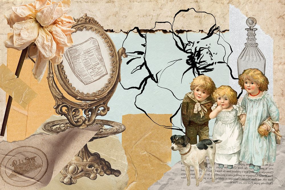 Vintage aesthetic ephemera collage, mixed media background featuring  kids and flower 