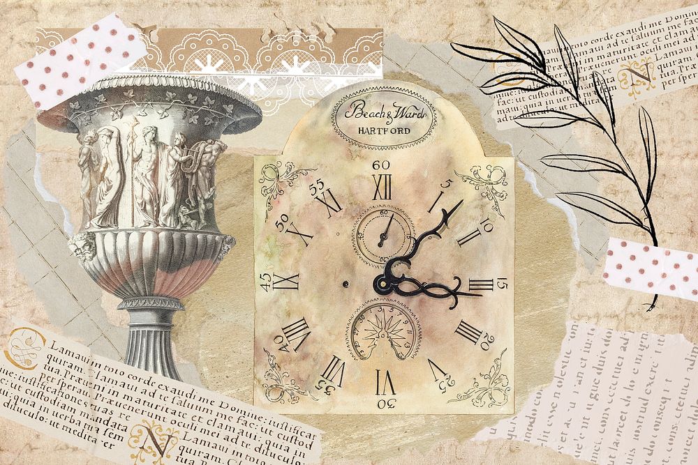 Vintage aesthetic ephemera collage, mixed media background featuring goblet and clock